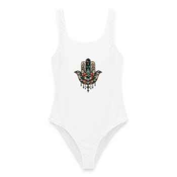 Florale Hamsa mit zentralem Auge Hand von Fatima - Frauen Badeanzug - Weiß - Vorne - AI Model Female 172 dark (172cm)