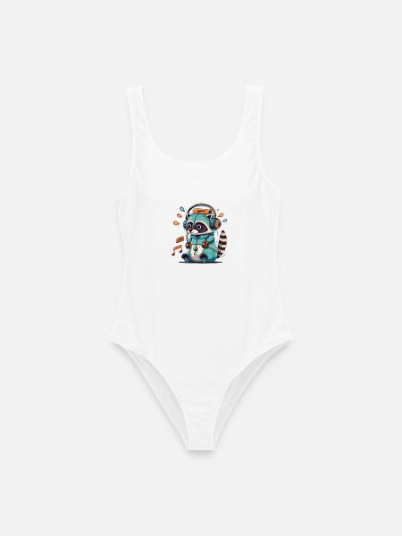 Waschbär DJ Kapuzenpullover in Aqua Neon - Frauen Badeanzug - Weiß
