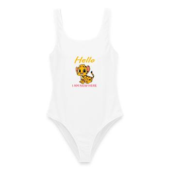 Baby Geburt Schwanger - Hallo ich bin neu Hier - Frauen Badeanzug - Weiß - Vorne - AI Model Female 172 dark (172cm)