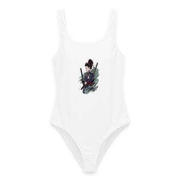 Samurai Kriegerin mit Katana & Oni Tattoo Design - Frauen Badeanzug - Weiß - Vorne - AI Model Female 172 dark (172cm)