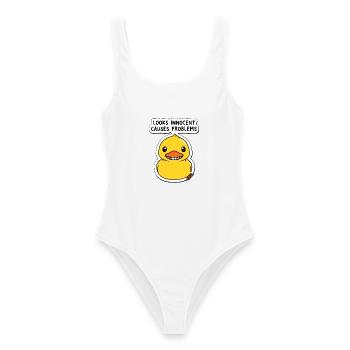 Unschuldiger Plastik Ente Spruch Druck - Frauen Badeanzug - Weiß - Vorne - AI Model Female 172 dark (172cm)