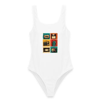 90er Jahre, 80er Jahre Party, Kassette, Nostalgie - Frauen Badeanzug - Weiß - Vorne - AI Model Female 172 dark (172cm)