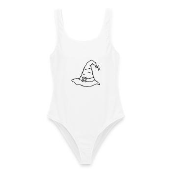 Krummer Hexenhut – Halloween-Kritzelzeichnung - Frauen Badeanzug - Weiß - Vorne - AI Model Female 172 dark (172cm)