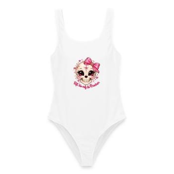 Glitzernder Pinkes Sugar Skull mit Schleife - Frauen Badeanzug - Weiß - Vorne - AI Model Female 172 dark (172cm)