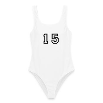 Nummer - 15 - fünfzehn - Frauen Badeanzug - Weiß - Vorne - AI Model Female 172 dark (172cm)