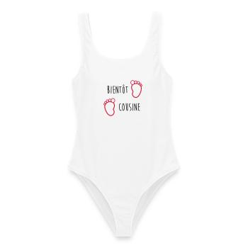 Bientôt Cousine / Cousin / Bébé / Naissance / Baby - Maillot de bain femme - blanc - Devant - AI Model Female 172 dark (172cm)
