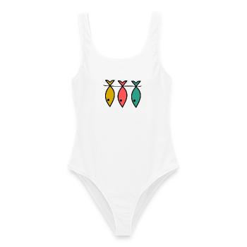 POISSON. PÊCHE. PÊCHEUR. BATEAU. RETRAITE. FÊTE - Maillot de bain femme - blanc - Devant - AI Model Female 172 dark (172cm)
