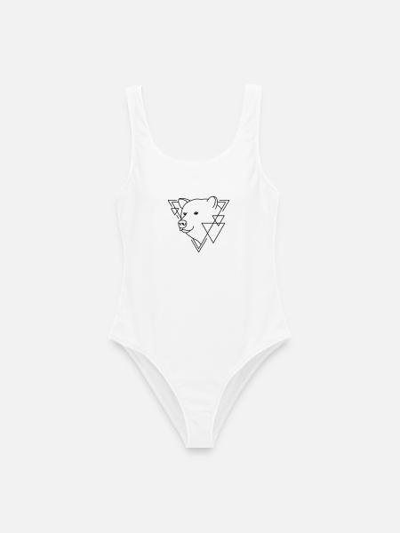 Bear in Geometric Shape - Line Art Design - Women's Swimsuit - white