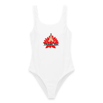 MERCI merci merci namaste avec texte noir - Maillot de bain femme - blanc - Devant - AI Model Female 172 dark (172cm)