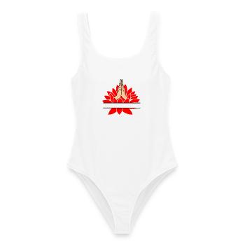 Barre de texte namaste deux mains hors de lotus rouge avec - Maillot de bain femme - blanc - Devant - AI Model Female 172 dark (172cm)