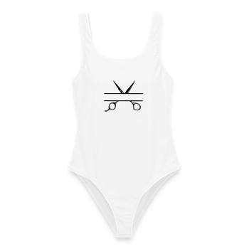 Texte bannière logo coiffeur ouvrir ciseaux - Maillot de bain femme - blanc - Devant - AI Model Female 172 dark (172cm)