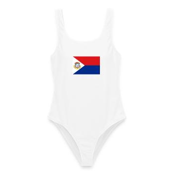 Sint Maarten – Flagge auf rotem und blauem Hintergrund - Frauen Badeanzug - Weiß - Vorne - AI Model Female 172 dark (172cm)