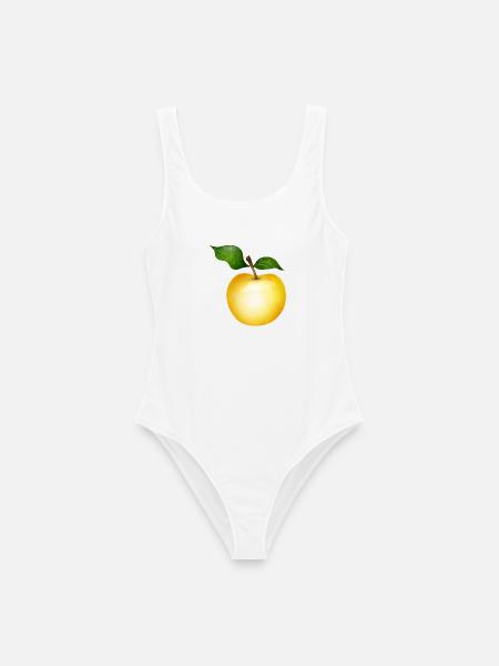 Goldener Apfel mit grünen Blättern Illustration - Frauen Badeanzug - Weiß