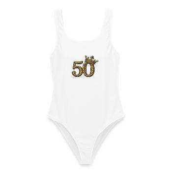 Golden 50 with Crown – Noble Birthday Motif - Women's Swimsuit - white - Front - AI Model Female 172 dark (172cm)