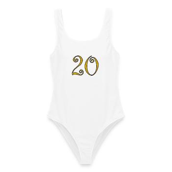 20. 20. JAHRESTAG. 20-JÄHRIGES JUBILÄUM. 20 JAHRE. - Frauen Badeanzug - Weiß - Vorne - AI Model Female 172 dark (172cm)