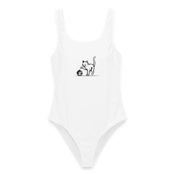 Katze spielt mit Wollknäuel one line Art Geschenk - Frauen Badeanzug - Weiß - Vorne - AI Model Female 172 dark (172cm)