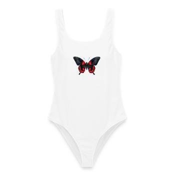 Scharlachschwalbenschwanz-Schmetterling Papilio rumanzovia - Frauen Badeanzug - Weiß - Vorne - AI Model Female 172 dark (172cm)