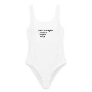 Welcher Bi bist du? - Ironischerweise - Frauen Badeanzug - Weiß - Vorne - AI Model Female 172 dark (172cm)