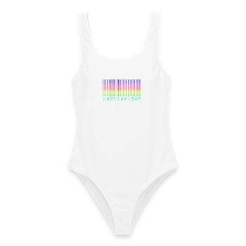 Barcode Regenbogen "UNBEZAHLBAR"  - Frauen Badeanzug - Weiß - Vorne - AI Model Female 172 dark (172cm)