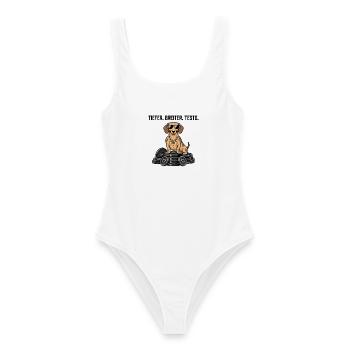 funny Dackel im Fitness - Tiefer Breiter Testo - Frauen Badeanzug - Weiß - Vorne - AI Model Female 172 dark (172cm)