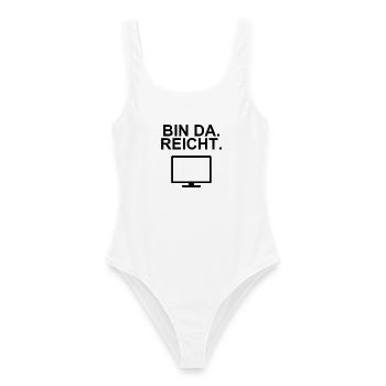 Bin da, reicht – minimalistischer Büro-Spruch - Frauen Badeanzug - Weiß - Vorne - AI Model Female 172 dark (172cm)