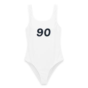 90. 90 JAHRE. 90-JÄHRIGES JUBILÄUM. 90-JÄHRIGES JUBILÄUM. - Frauen Badeanzug - Weiß - Vorne - AI Model Female 172 dark (172cm)