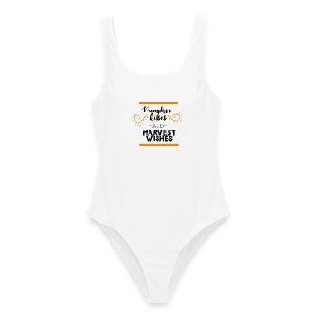 Herbstspruch zwischen orangen Balken - Frauen Badeanzug - Weiß - Vorne - AI Model Female 172 dark (172cm)