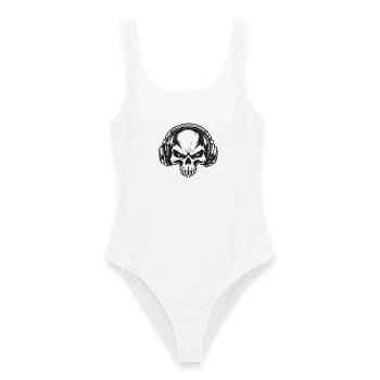 Skull Headphones Play Pause (Schwarz) - Frauen Badeanzug - Weiß - Vorne - AI Model Female 172 dark (172cm)