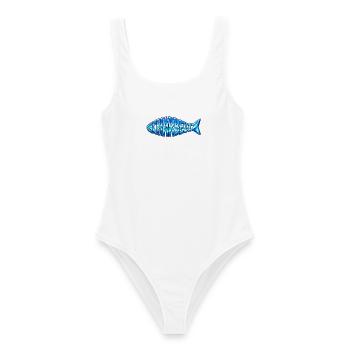 Scharbeutz Blaues Fischlogo am Meer - Frauen Badeanzug - Weiß - Vorne - AI Model Female 172 dark (172cm)