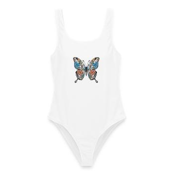 Blüten Schmetterling Blattwerk - Frauen Badeanzug - Weiß - Vorne - AI Model Female 172 dark (172cm)