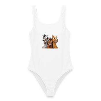 Drei Cartoon-Streichpferde - Frauen Badeanzug - Weiß - Vorne - AI Model Female 172 dark (172cm)