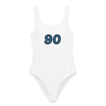 90. 90 JAHRE. 90-JÄHRIGES JUBILÄUM. 90-JÄHRIGES JUBILÄUM. - Frauen Badeanzug - Weiß - Vorne - AI Model Female 172 dark (172cm)