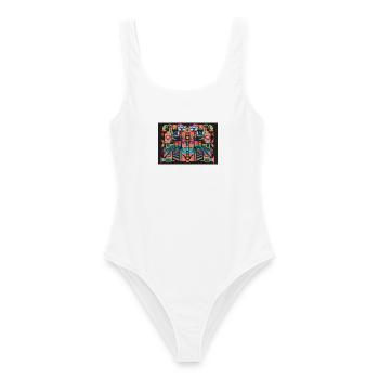 Psychedelischer WOW Mosaik Print - Frauen Badeanzug - Weiß - Vorne - AI Model Female 172 dark (172cm)