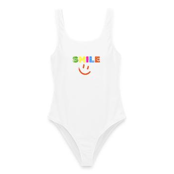 Smile Farbexplosion, Gute Laune Shirt, Statement  - Frauen Badeanzug - Weiß - Vorne - AI Model Female 172 dark (172cm)