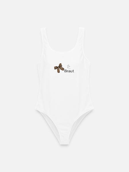 Braut T-Shirt, JGA, Leopardenschleife Druck - Frauen Badeanzug - Weiß