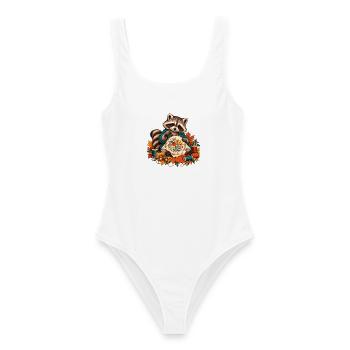 Waschbär stickt Herbstblumen - Frauen Badeanzug - Weiß - Vorne - AI Model Female 172 dark (172cm)