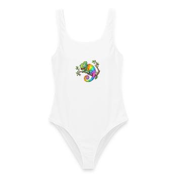 Regenbogen-Chamäleon auf Ast - Frauen Badeanzug - Weiß - Vorne - AI Model Female 172 dark (172cm)