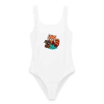 Red Panda nähen mit Vintage-Nähmaschine - Frauen Badeanzug - Weiß - Vorne - AI Model Female 172 dark (172cm)