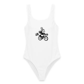 Süßes Bigouden-Mädchen auf dem Fahrrad mit bretonischer Flagge - Frauen Badeanzug - Weiß - Vorne - AI Model Female 172 dark (172cm)