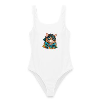 Cool Cat mit Sonnenbrille – tropische Sommerstimmung - Frauen Badeanzug - Weiß - Vorne - AI Model Female 172 dark (172cm)