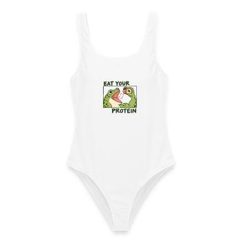 Lustig: Eß deinen Protein-Gym-Frosch - Frauen Badeanzug - Weiß - Vorne - AI Model Female 172 dark (172cm)