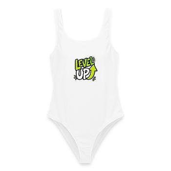 GEN Z ZITIERT TYPOGRAFIEDESIGN – Level Up Neon - Frauen Badeanzug - Weiß - Vorne - AI Model Female 172 dark (172cm)