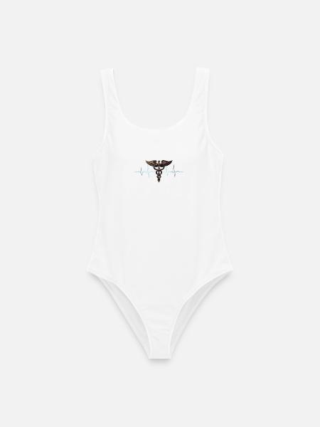 Flügel-Caduceus Herzschlag Design - Frauen Badeanzug - Weiß