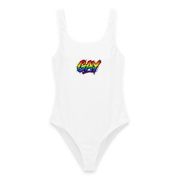 Gay - Schwul - Lesbisch - Regenbogenfarben - LGBT - Frauen Badeanzug - Weiß - Vorne - AI Model Female 172 dark (172cm)