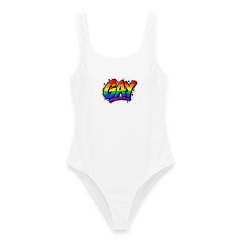 Gay - Schwul - Lesbisch - Regenbogenfarben - LGBT - Frauen Badeanzug - Weiß - Vorne - AI Model Female 172 dark (172cm)