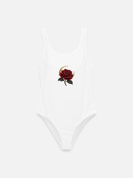 Dunkle Rose mit Mondsichel – Gothic Art - Frauen Badeanzug - Weiß