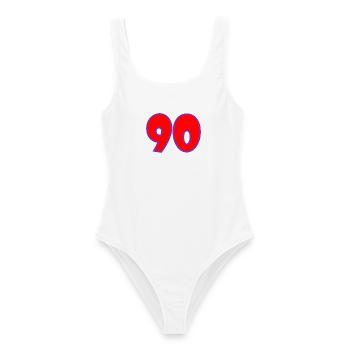 90. 90 JAHRE. 90-JÄHRIGES JUBILÄUM. 90-JÄHRIGES JUBILÄUM. - Frauen Badeanzug - Weiß - Vorne - AI Model Female 172 dark (172cm)
