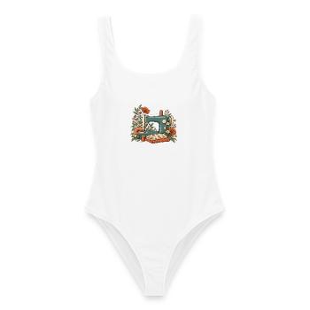 Nähmaschine mit Blumen - Vintage Nähen - Frauen Badeanzug - Weiß - Vorne - AI Model Female 172 dark (172cm)