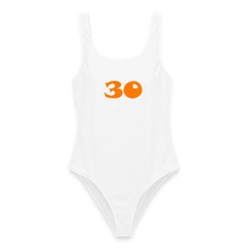 30. 30 JAHRE. 30-JÄHRIGES JUBILÄUM. 30-JÄHRIGES JUBILÄUM. - Frauen Badeanzug - Weiß - Vorne - AI Model Female 172 dark (172cm)