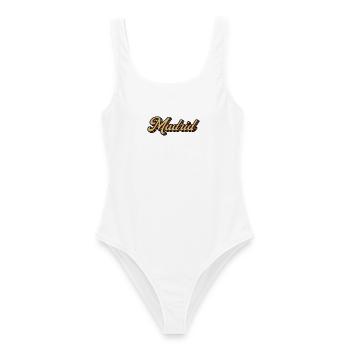 Écriture rayée rétro de Madrid - Maillot de bain femme - blanc - Devant - AI Model Female 172 dark (172cm)